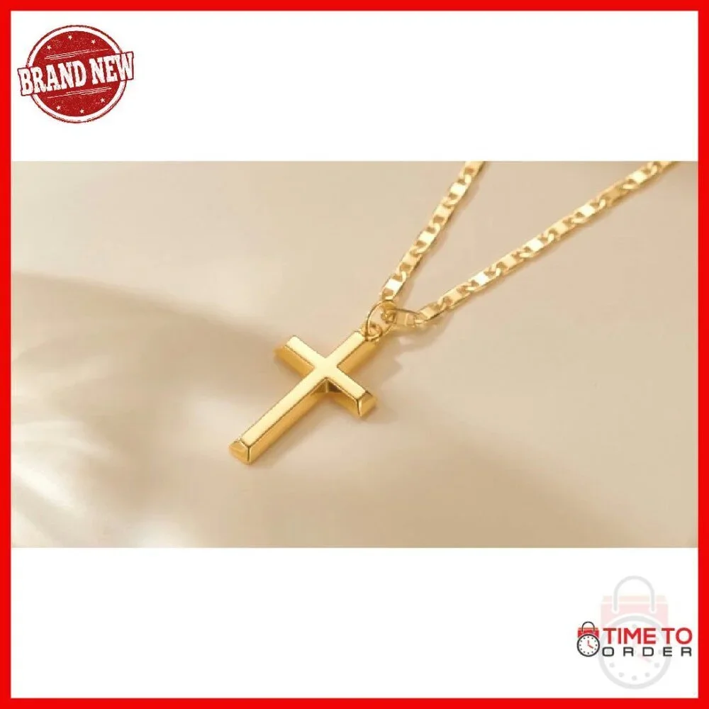 14K Gold Cross Pendant Necklace 19 Inch Figaro Chain Lobster Clasp